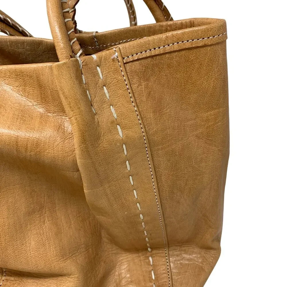 Elegantria Leather Tote Bag Tan Whipstitch Details